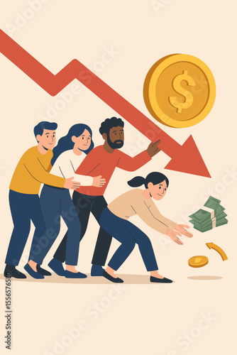 Economic crisis and recession metaphor. Diverse team holding a red down arrow to stop financial decline and save money. Teamwork concept against inflation and income loss. Vector.