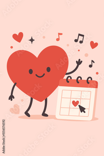 Happy heart character marking a date on the calendar for Valentine's Day celebration. Cute cartoon love mascot for a romantic event, anniversary or party. Save the date vector concept.