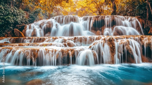 Scenic Waterfall in Autumn Forest with Multiple Cascades and Vibrant Colors