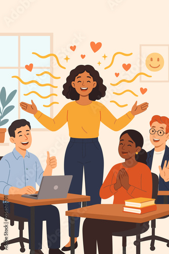 Inspiring woman manager shares positive energy and support with her diverse team. Workplace mental health and employee well-being concept. Emotional intelligence in business vector.