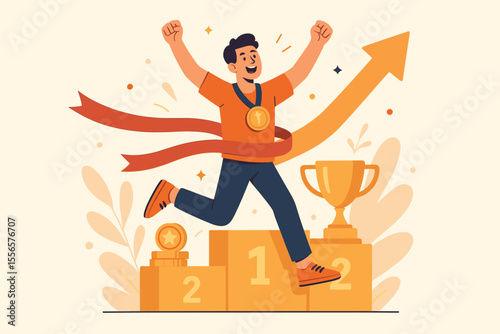 Business success vector illustration. Man champion celebrating victory on the winner's podium. Reaching goals, leadership, career growth, achievement, and finishing first concept.