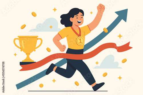 Happy woman running to the finish line, celebrating victory and success. Business concept of reaching a goal, leadership, and achievement. Winner with gold medal and trophy. Vector flat illustration.