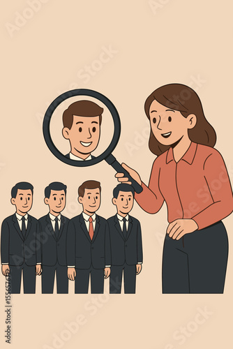 HR woman with magnifying glass chooses best job candidate. Recruitment concept for hiring and talent acquisition. Human resources manager selects perfect employee for a vacant position.