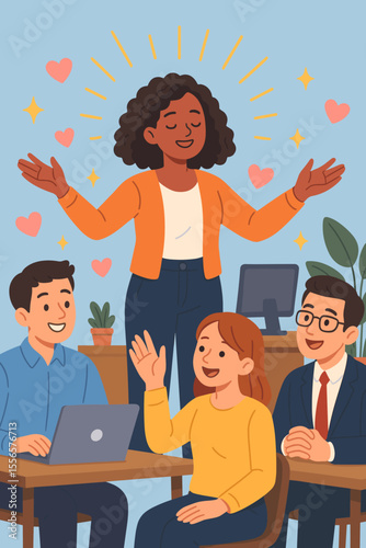 Woman sharing positive energy and love with colleagues to improve workplace mental health. Vector concept of emotional intelligence, support, and good vibes from an inspiring leader.