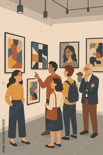 Group of people visiting a modern art gallery. Visitors in a museum at an exhibition viewing contemporary abstract paintings. Cultural leisure activity. Flat vector cartoon illustration.
