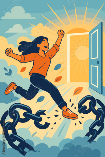 Breaking free from bad habits. Woman escapes broken chains, symbolizing liberation. Personal growth and overcoming addiction concept. Running towards open door and new beginnings.