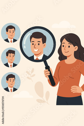 Businesswoman with Magnifying Glass Selecting Best Job Candidate, Recruitment Process Illustration, HR Hiring Concept, Talent Search, Employee Selection, Career Opportunity