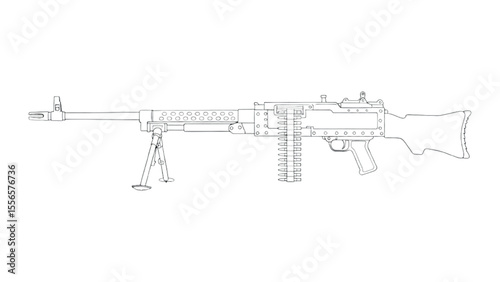 Technical Line Art of M2 Browning .50 Cal Machine Gun – Detailed Black and White Schematic Drawing with Tripod and Ammo Belt

