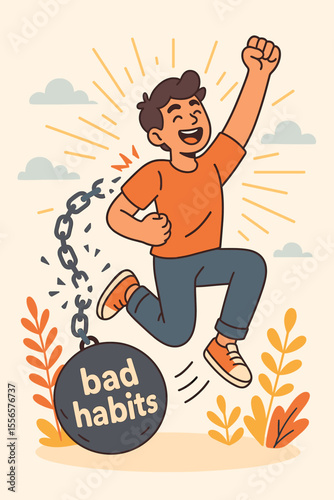 Concept of breaking bad habits. Man breaks chains for freedom and personal liberation. Self improvement, willpower, and motivation vector illustration for new life success.