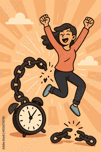 Breaking free from bad habits and routines for personal liberation. Woman breaking chains tied to a clock. Metaphor for escaping stress, deadlines and gaining freedom. Vector.
