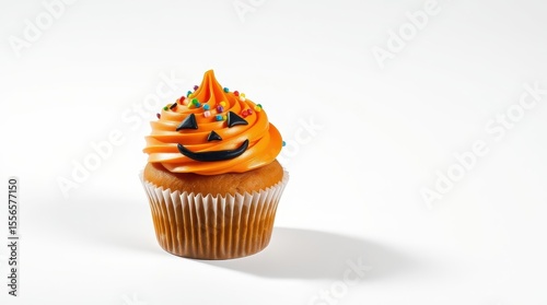 Festive Halloween Cupcake with Orange Frosting and Smiling Face Decoration