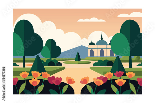 Serene Garden Vista Elegant Landscape Design with Blooming Tulips