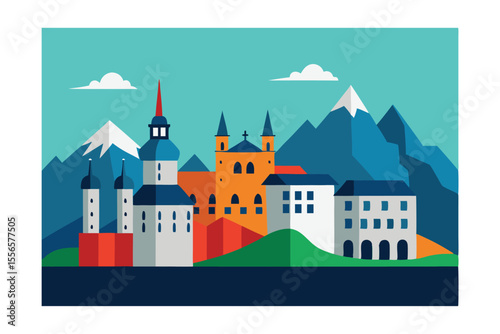 Wallpaper Mural Majestic Mountain Cityscape A Vibrant Flat Illustration of Alpine Architecture Torontodigital.ca
