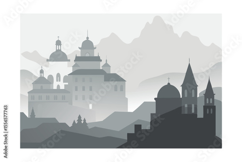 Misty Mountain Monastery A Serene grayscale Illustration of Ancient Architecture