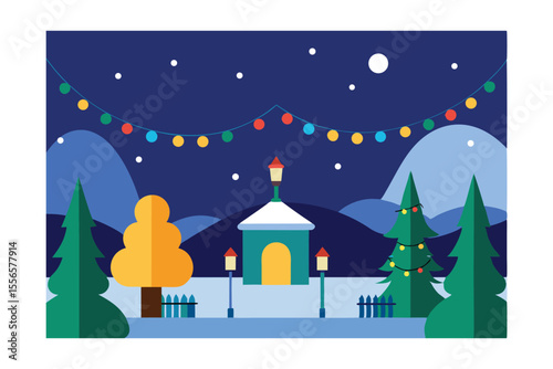 Cozy Winter Night Scene Festive Lights and Snowy Landscape Illustration