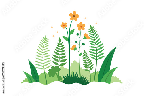 Vibrant Spring Floral Illustration Blooming Flowers and Lush Ferns