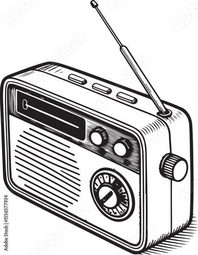 Radio receiver Vector Illustration, Sketch Drawing Line Linear Symbol Icon Engraving Coloring Book, Hand-drawn Black and White Isolated