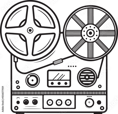 Reel tape recorder Vector Illustration, Sketch Drawing Line Linear Symbol Icon Engraving Coloring Book, Hand-drawn Black and White Isolated