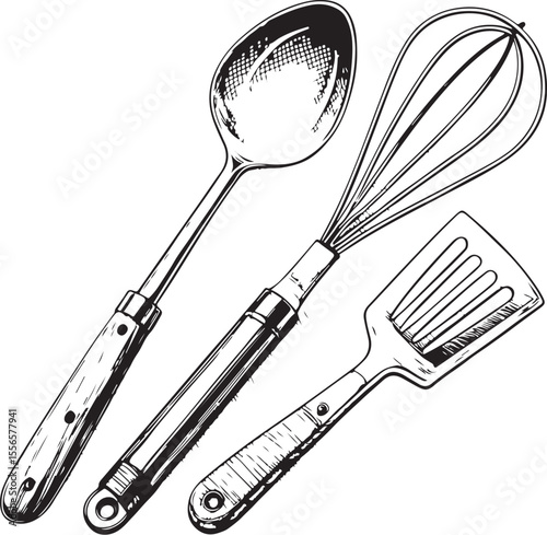 Set of Kitchen utensils Vector Illustration, Sketch Drawing Line Linear Symbol Icon Engraving Coloring Book, Hand-drawn Black and White Isolated