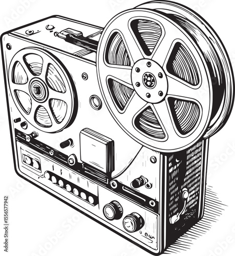 Reel tape recorder Vector Illustration, Sketch Drawing Line Linear Symbol Icon Engraving Coloring Book, Hand-drawn Black and White Isolated