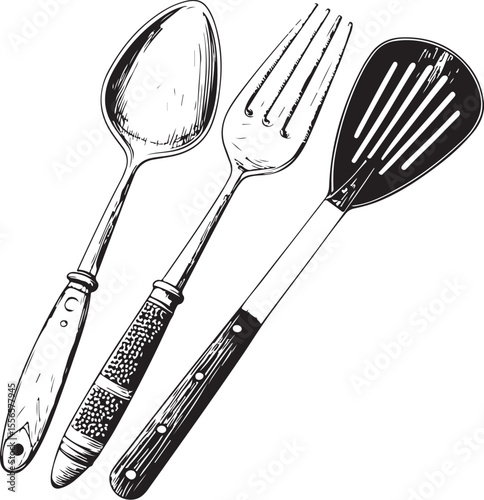 Set of Kitchen utensils Vector Illustration, Sketch Drawing Line Linear Symbol Icon Engraving Coloring Book, Hand-drawn Black and White Isolated