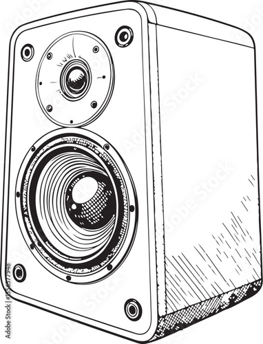 sound speaker Vector Illustration, Sketch Drawing Line Linear Symbol Icon Engraving Coloring Book, Hand-drawn Black and White Isolated