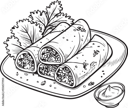 Spring rolls Vector Illustration, Sketch Drawing Line Linear Symbol Icon Engraving Coloring Book, Hand-drawn Black and White Isolated
