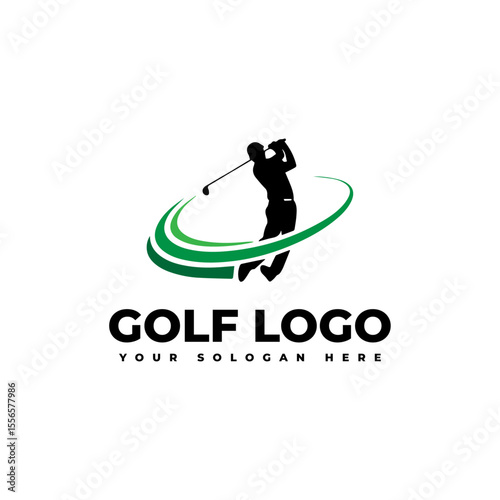 logo for golf with illustration of a golfer hitting a golf ball