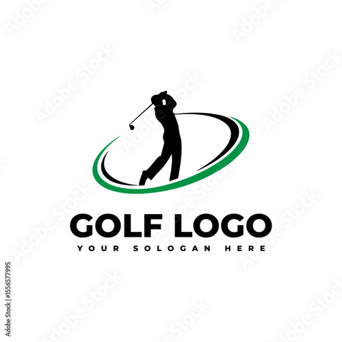 logo for golf with illustration of a golfer hitting a golf ball