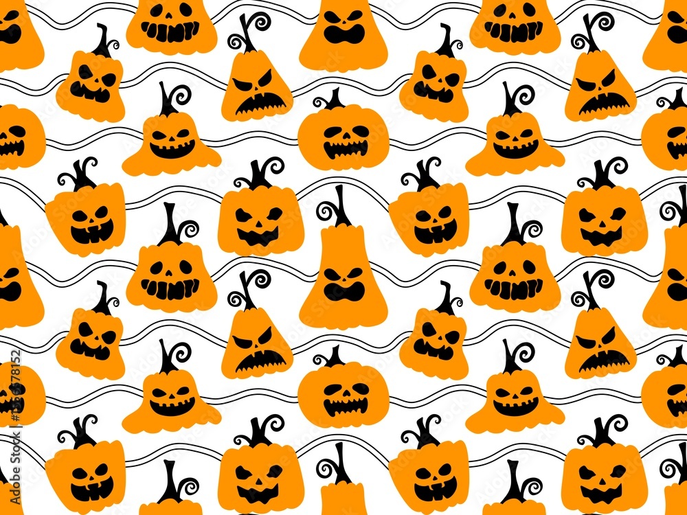 Obraz premium Autumn harvest vegetable seamless monster Halloween pumpkins pattern for wrapping paper and fabrics