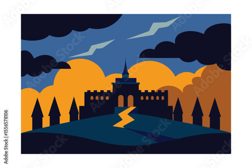 Majestic Castle Silhouette at Sunset A Dramatic Vector Illustration