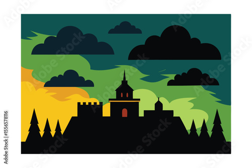 Enigmatic Castle Silhouette at Sunset A Dark Fantasy Illustration