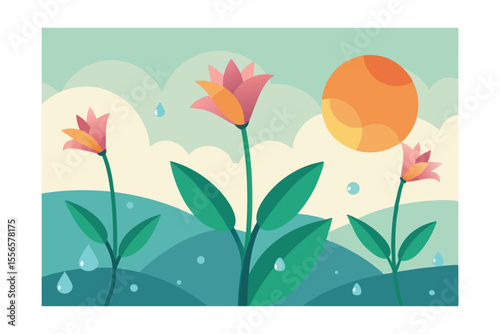 Vibrant Spring Flowers Blooming Under the Sunny Sky A Delightful Illustration