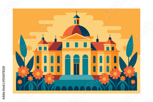 Royal Residence: A majestic palace with a grand facade, intricate details, and colorful accents, a harmonious blend of architecture and artistry.