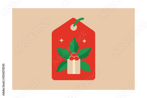 Festive Gift Tag: A beautifully illustrated gift tag with a sprig of holly and a present, perfect for holiday promotions and conveying warm wishes.