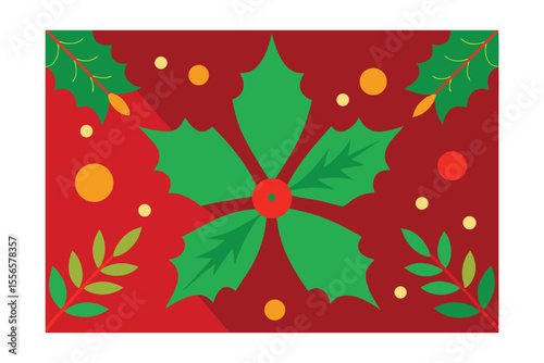 Festive Foliage Design: A vibrant geometric design on a crimson backdrop, showcasing a central holly with a vivid green hue and accented by a scattering of festive decorative elements. 