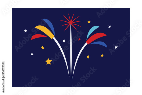 Fireworks Festivities: A vibrant and stylized illustration of fireworks, erupting in a cascade of colors against a night sky backdrop, evoking a sense of celebration and joy.