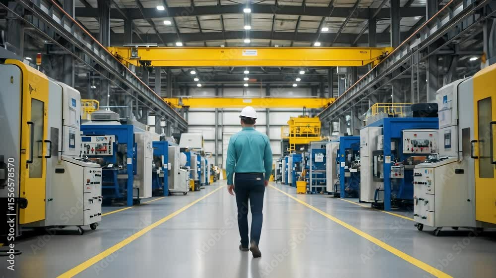 Man Walking Through Modern Factory with Blue and Yellow Machinery