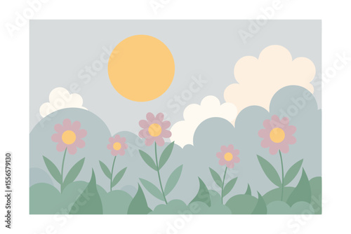 Serene Spring Meadow Pastel Flowers, Sun, and Clouds Illustration