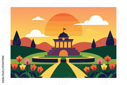 Sunset Vista Serene Garden Palace Illustration