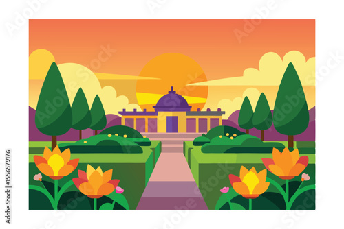 Sunset Serenity A Tranquil Garden Pavilion Illustration