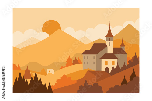 Serene Autumn Sunset Mountain Village Landscape Illustration