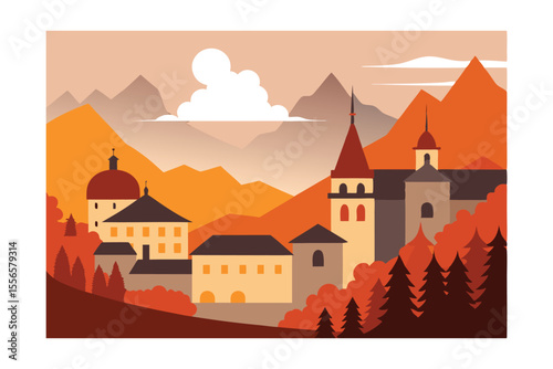Autumnal Mountain Village A Scenic Illustration of Peaceful Village nestled in Colorful Autumn Mountains