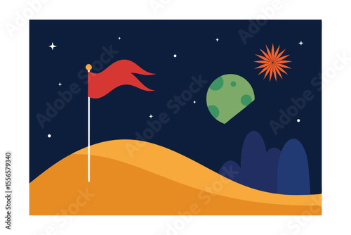 Red Flag on Alien Planet A Space Exploration Illustration