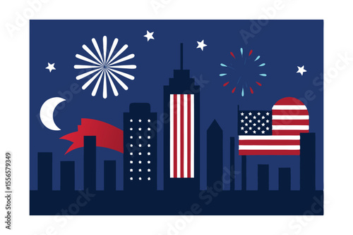 Celebrating Independence Day Fireworks over City Skyline