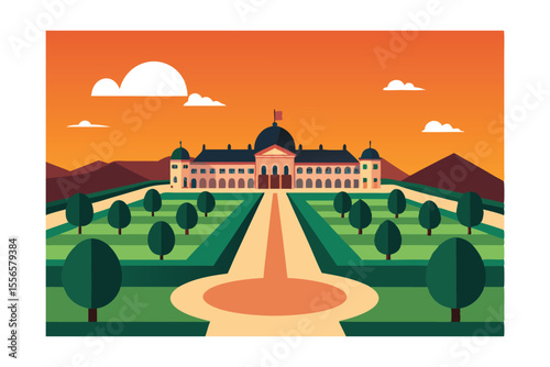 Majestic Palace Sunset Architectural Illustration of a Grand Estate with Formal Gardens