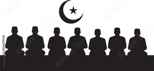 Black Silhouettes Seven Men Praying Crescent Star Islamic Faith Religious Symbolism vector