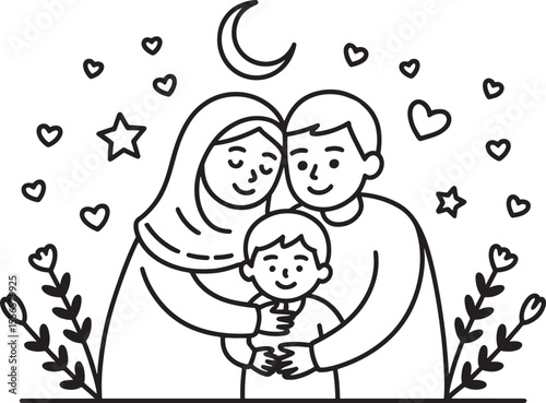 Black Silhouette Family Embrace Moon Stars Hearts Flowers Child Parents vector