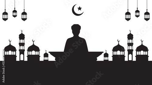 Black Silhouette Family Mosque Setting Crescent Moon Star Lanterns Islamic Religious Symbolism Prayer
