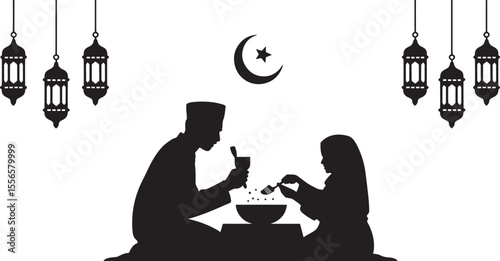 Black Silhouette Family Preparing Food Ramadan Lanterns Crescent Moon Star vector